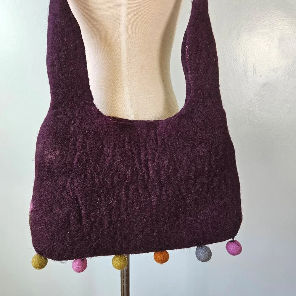 Rising Tide Purple Felted Wool Floral Pom Pom Shoulder Bag Made Nepal Boho Y2K